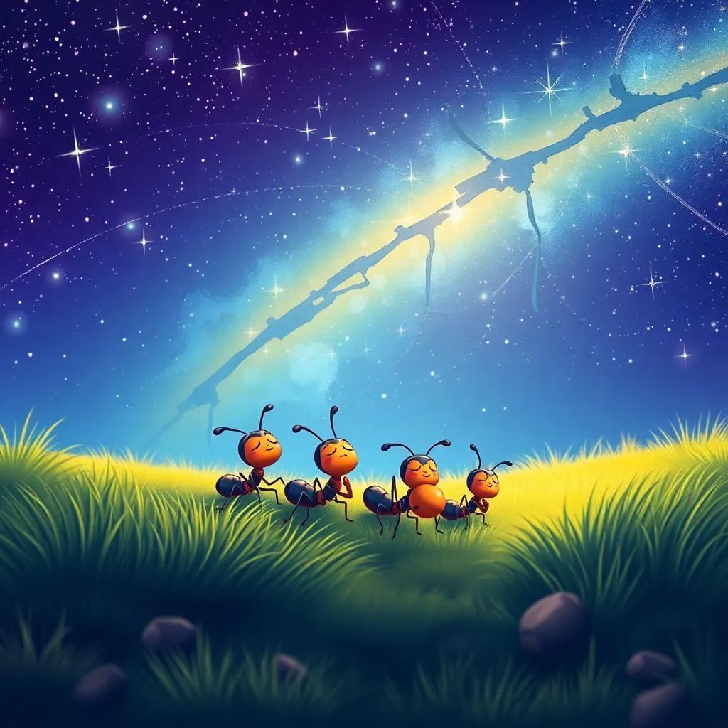 A bright and colorful image of the ants sleeping peacefully, dreaming of adventures under the night sky, serene atmosphere with starry backdrop, warm light, illustration, high quality