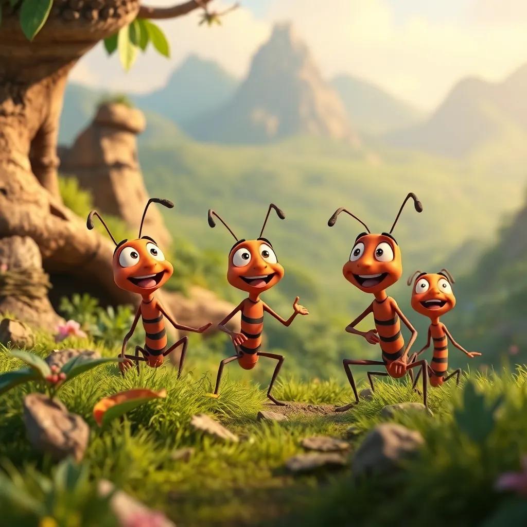 The ants’ next adventure scene filled with laughter and excitement, vibrant world outside the ant hill with lush landscapes, cartoon style, full of possibilities, digital art, high quality
