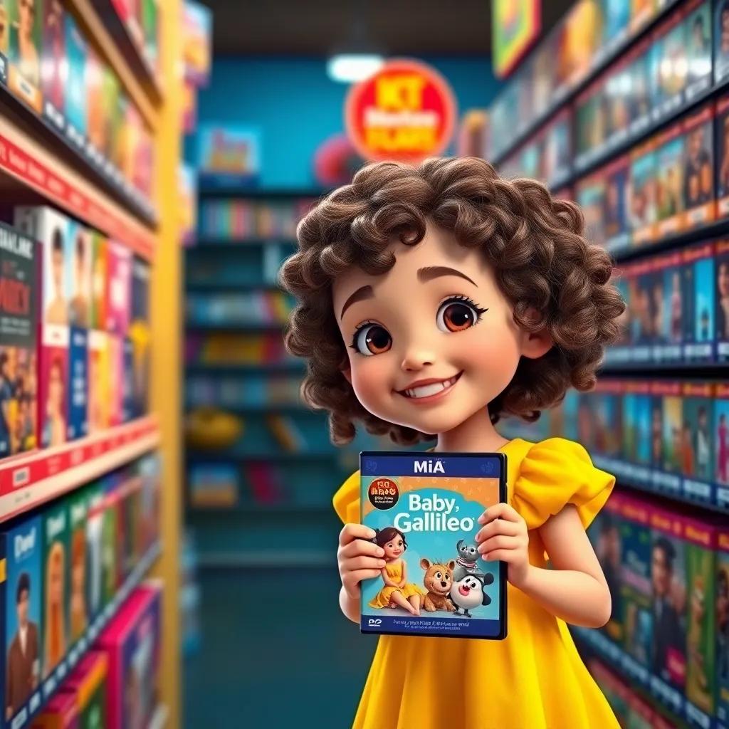 A little girl named Mia, with brown curly hair, wearing a bright yellow dress, in a colorful video store filled with shelves of movies, smiling as she holds the Baby Galileo DVD, vibrant colors, cheerful atmosphere, high-quality