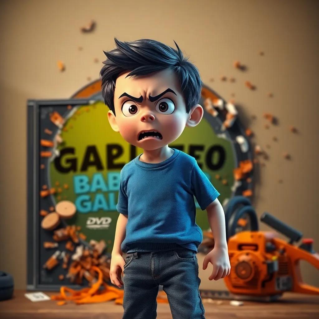 JJ, a young boy with short black hair, wearing a blue t-shirt and jeans, looking shocked and angry as he stands in front of a smashed Baby Galileo DVD, with a chainsaw next to him, bright colors, dynamic scene, high-quality