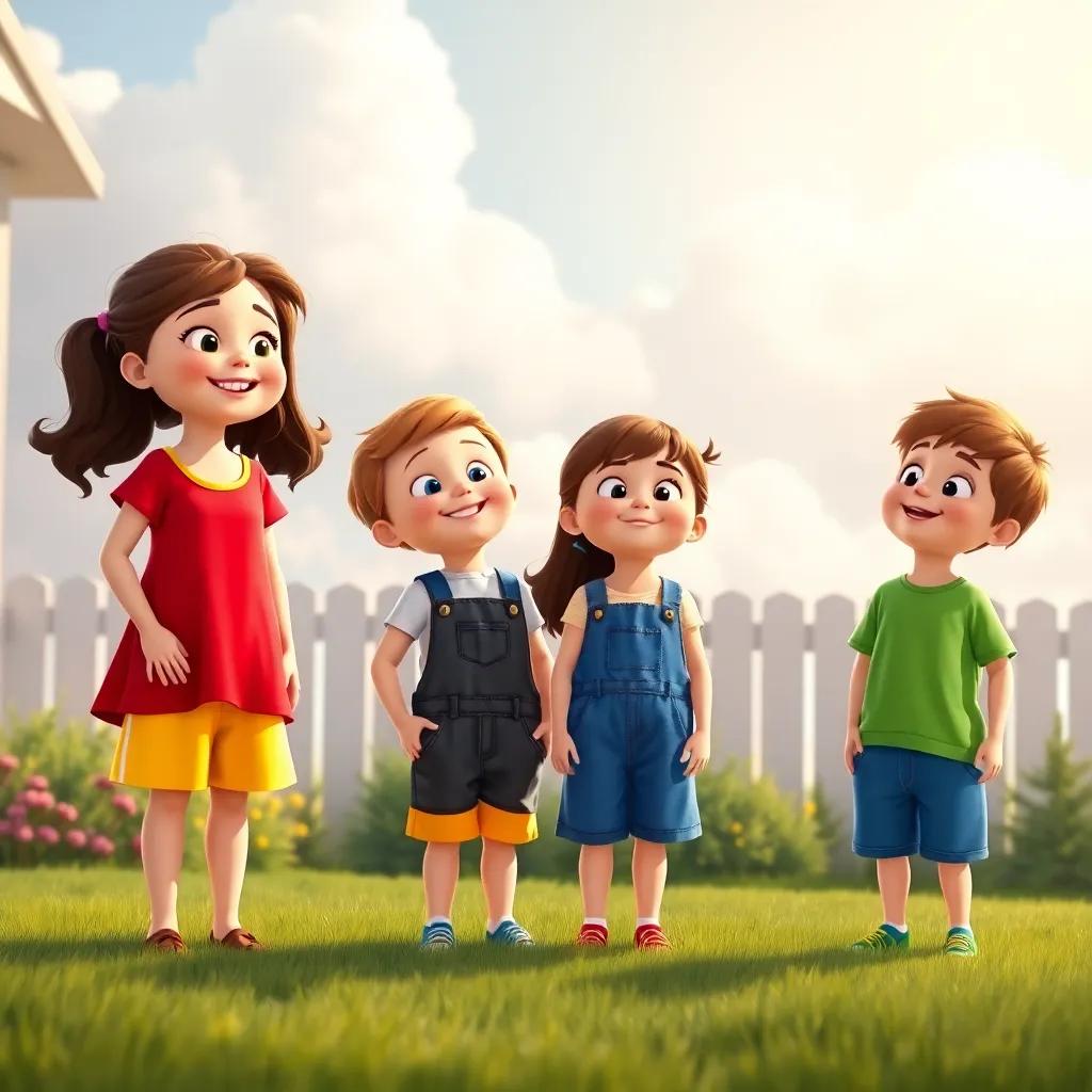 Four children in a sunny backyard, looking at fluffy clouds, each child with a different outfit: Mia with a red dress, Liam in yellow shorts, Emma in blue overalls, and Noah wearing a green t-shirt, joyful atmosphere, bright colors, digital art, cheerful scene, high quality