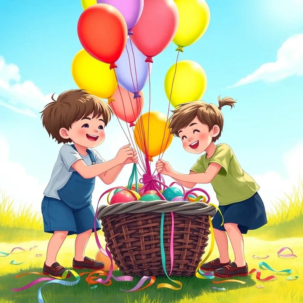 The children are working together, tying colorful balloons to a basket, giggling and smiling, surrounded by bits of ribbons and strings, sunny day with blue sky, vibrant and playful, illustration, child-friendly, high quality