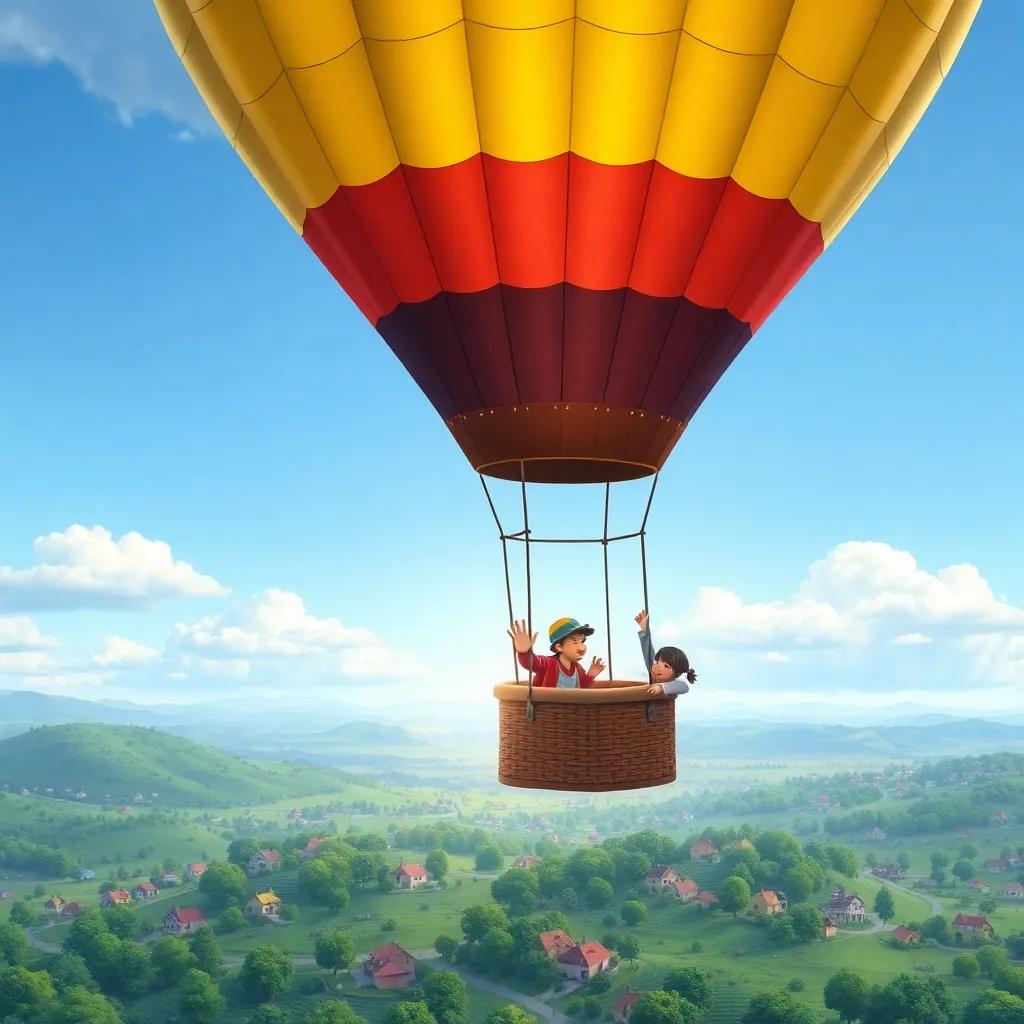 The hot air balloon, Sky Dreamer, is rising up into the air, the children waving goodbye from the basket, the world below looking tiny, with little houses and trees, scenic view, detailed art, joyful moment, high quality