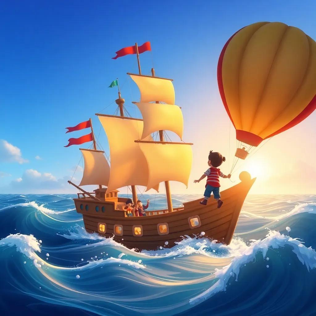 A pirate ship with bright flags on the ocean, the children looking down in amazement from their balloon, imagining pirates searching for treasure, swirling waves and a clear sky, adventurous scene, colorful illustration, high quality