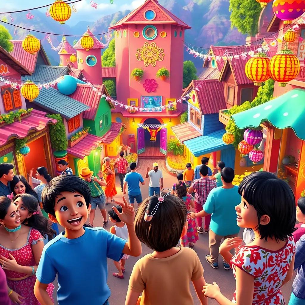 A colorful village with people dancing and celebrating, the children seeing the festival from above, bright decorations and smiles all around, lively atmosphere, festive colors, digital art, cheerful and joyful, high quality