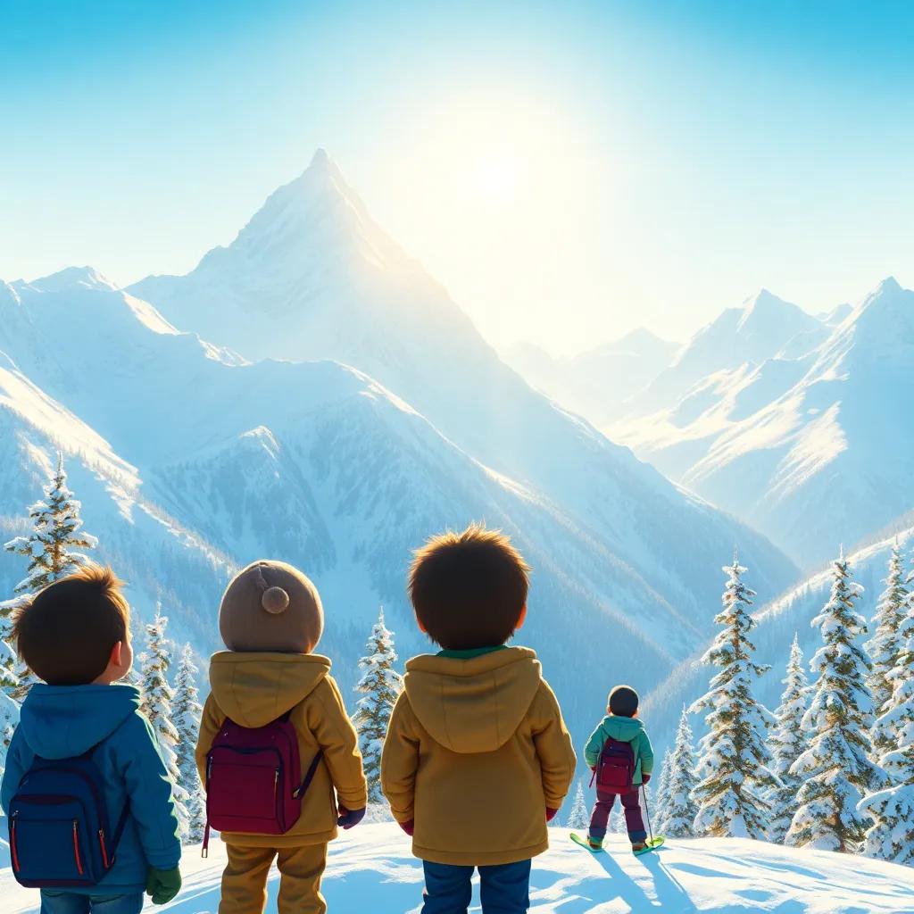 Tall mountains covered in sparkling snow, the young children looking down at skiers gliding, the sun shining on the white peaks, breathtaking scenery, lively illustration, warm light, high quality