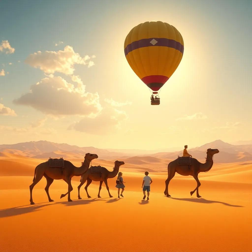 A vast desert with camels walking under a sunny sky, the balloon floating above, the kids feeling the warm breeze, golden sands and gentle hills, adventurous landscape, bright colors, digital art, high quality