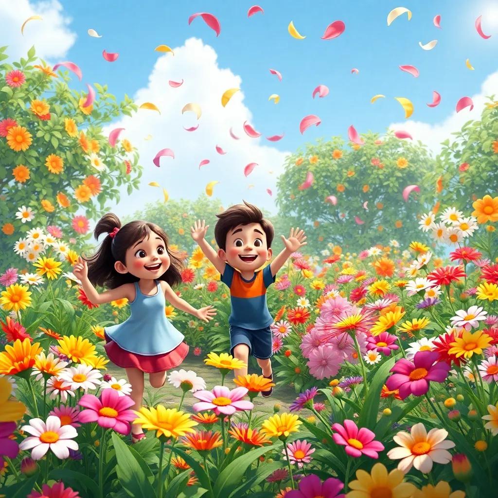 A beautiful garden filled with colorful flowers, the children smiling and dancing in the air, the petals swaying in the breeze, cheerful and vibrant setting, inviting atmosphere, detailed artwork, high quality