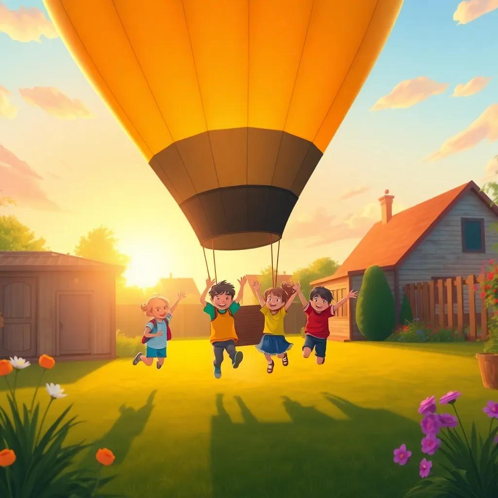 The hot air balloon landing safely back in the cozy backyard, the children jumping out with big smiles, bright sunset in the background, joyful reunion, blissful environment, illustration, warm colors, high quality