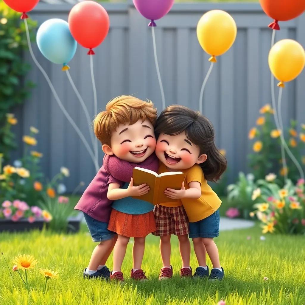 The children hugging each other tightly, excited to share their balloon adventure stories, a cozy backyard setting with green grass and flowers, happy expressions, vibrant scene, joyful moment, digital art, high quality