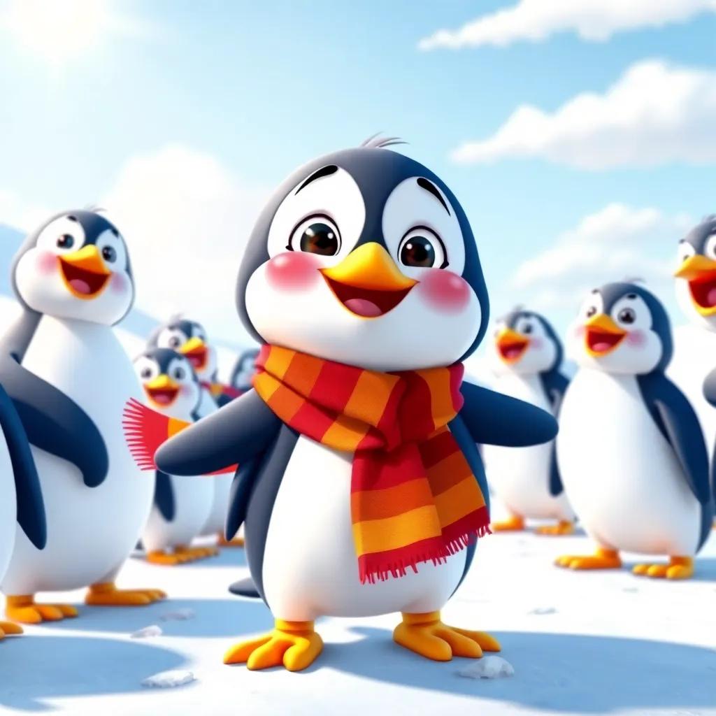 A cheerful little penguin, Max, with a big smile, wearing a colorful scarf, standing on a snowy landscape surrounded by his excited penguin friends, sunny sky, playful and vibrant, cheerful scene, child-friendly, digital art