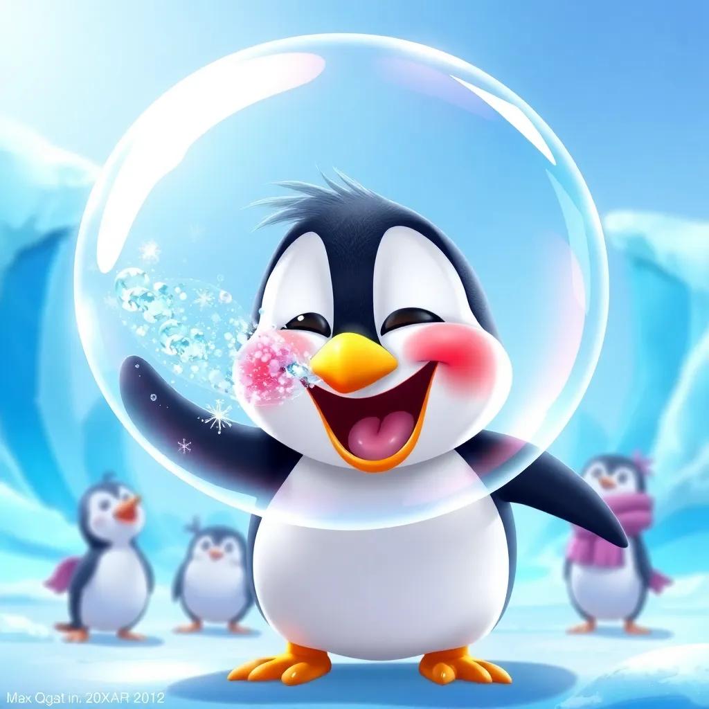 Max the penguin, with a joyful expression, creating a giant, sparkling soap bubble, blowing air from his beak, friends cheering around him, blue ice and snow in the background, whimsical atmosphere, colorful, illustration