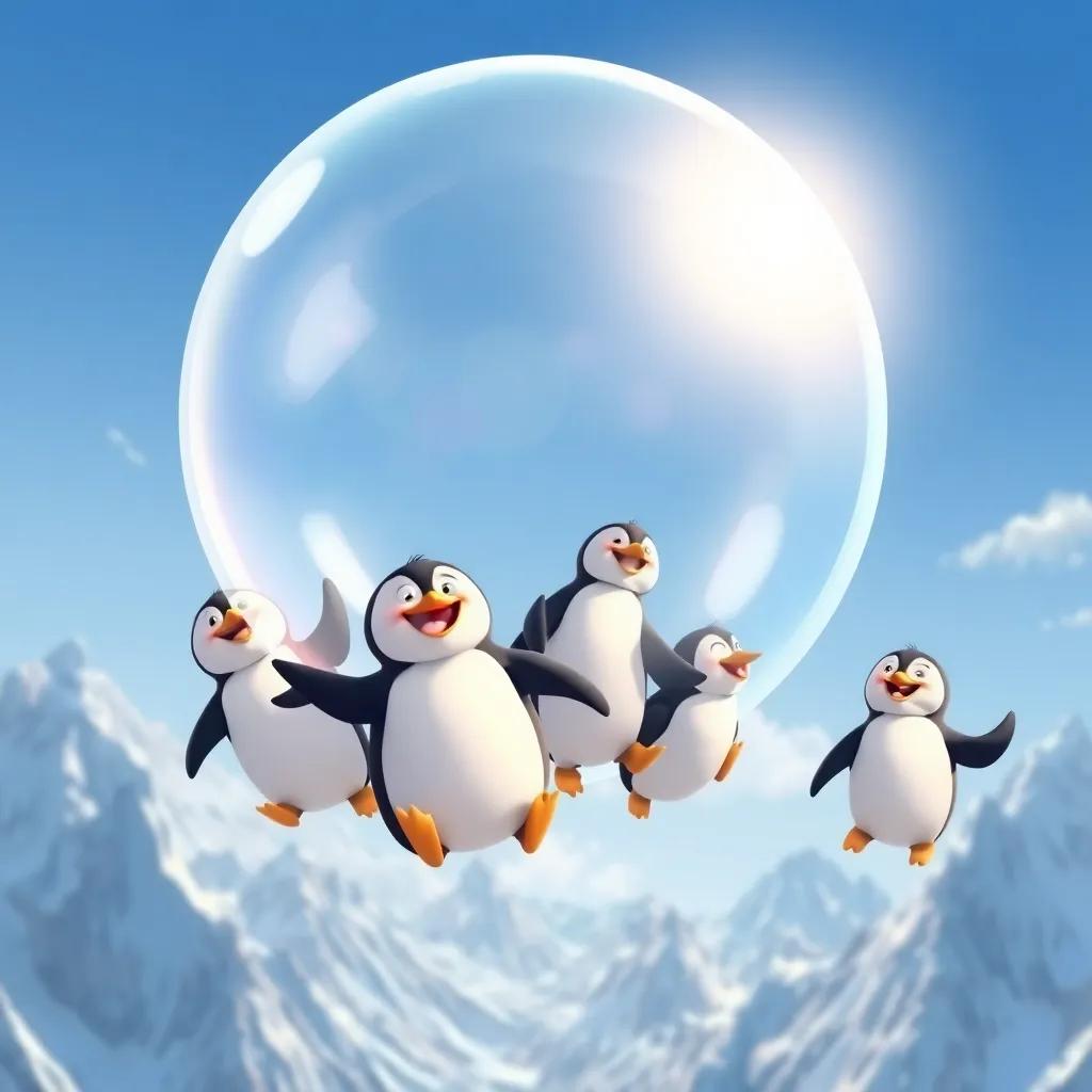 The giant bubble floating high in the sky, carrying happy penguins, big smiles and laughter on their faces, icy mountains below, sunny day, bright colors, joyful scene, child-friendly, vibrant art