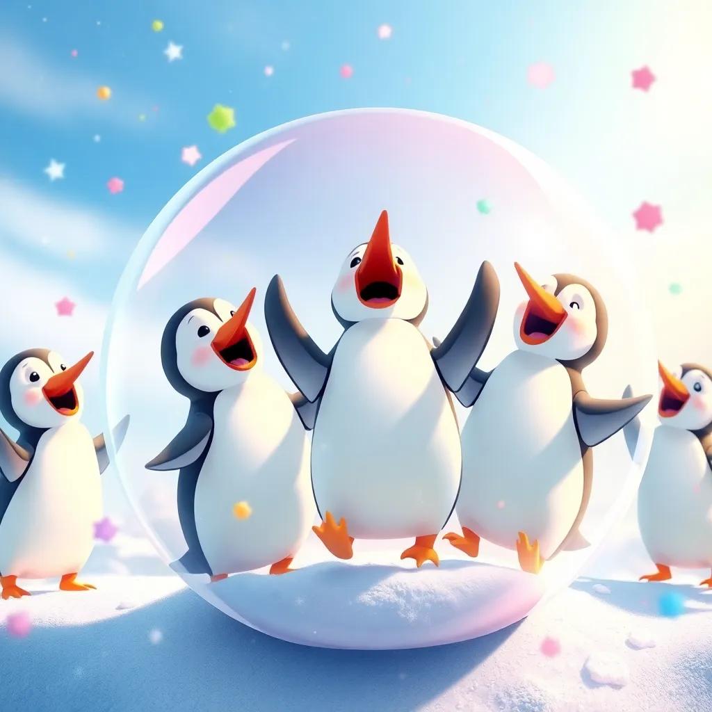 Penguins singing and dancing inside a giant bubble, colorful snowflakes falling around, magical atmosphere, blue sky above, vibrant and playful, illustration, cheerful
