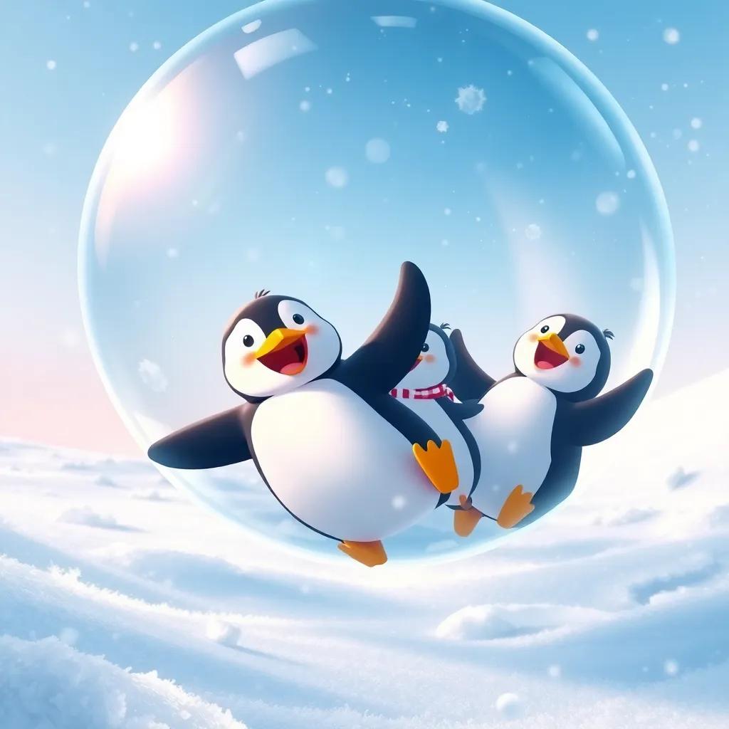 Max the penguin and friends floating down gently from a bubble, excited smiles, landing softly on the snowy ground, fluffy snow and sparkling ice, beautiful winter day, illustration, cozy and warm atmosphere