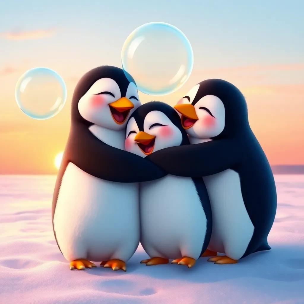 Penguins celebrating their bubble adventure, hugging and laughing together, soft snow beneath them, big smiles, a gentle sunset in the background, heartwarming, colorful, child-friendly, joyful