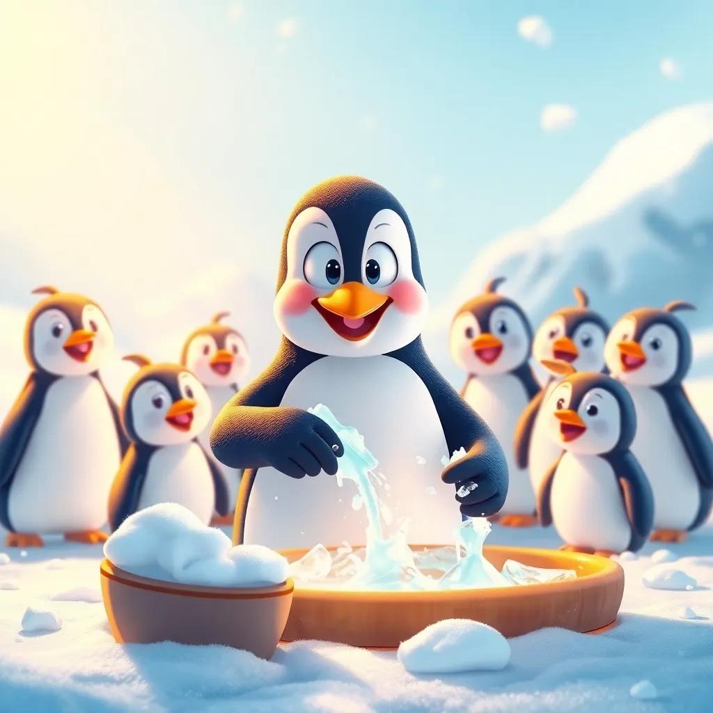 Max the penguin, with a big smile, mixing soap and ice in a snowy landscape, his friends watching eagerly, bright colors, warm light illuminating the scene, cheerful and inviting, illustration