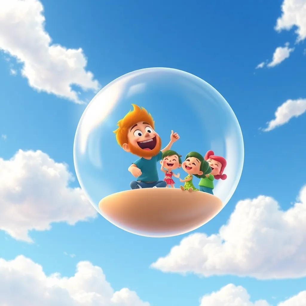 Another giant bubble floating in the sky, Max and friends inside, singing joyfully, blue sky with fluffy clouds around, cheerful scene, vibrant illustrations with a sense of adventure