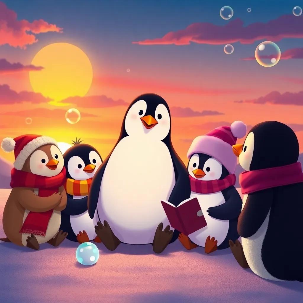 Max the penguin and all his friends, sitting together at sunset, enjoying stories about their bubble adventures, cozy scene, warm colors, friendship and joy, illustration
