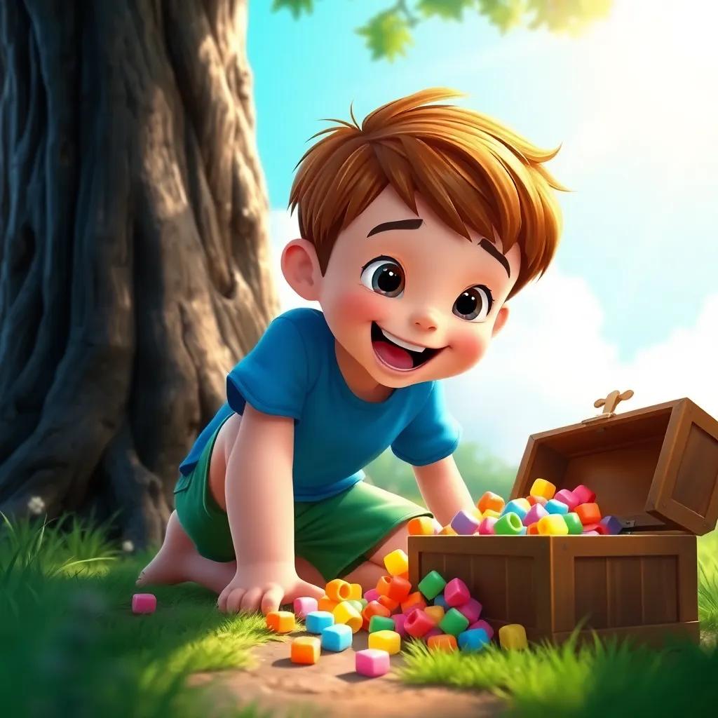 A young boy, Tommy, with short brown hair, wearing a blue t-shirt and green shorts, kneeling down excitedly near an old tree, opening a treasure chest filled with colorful bubblegum, bright sunlight illuminating the scene, cheerful, vibrant colors, playful perspective, digital art, child-friendly