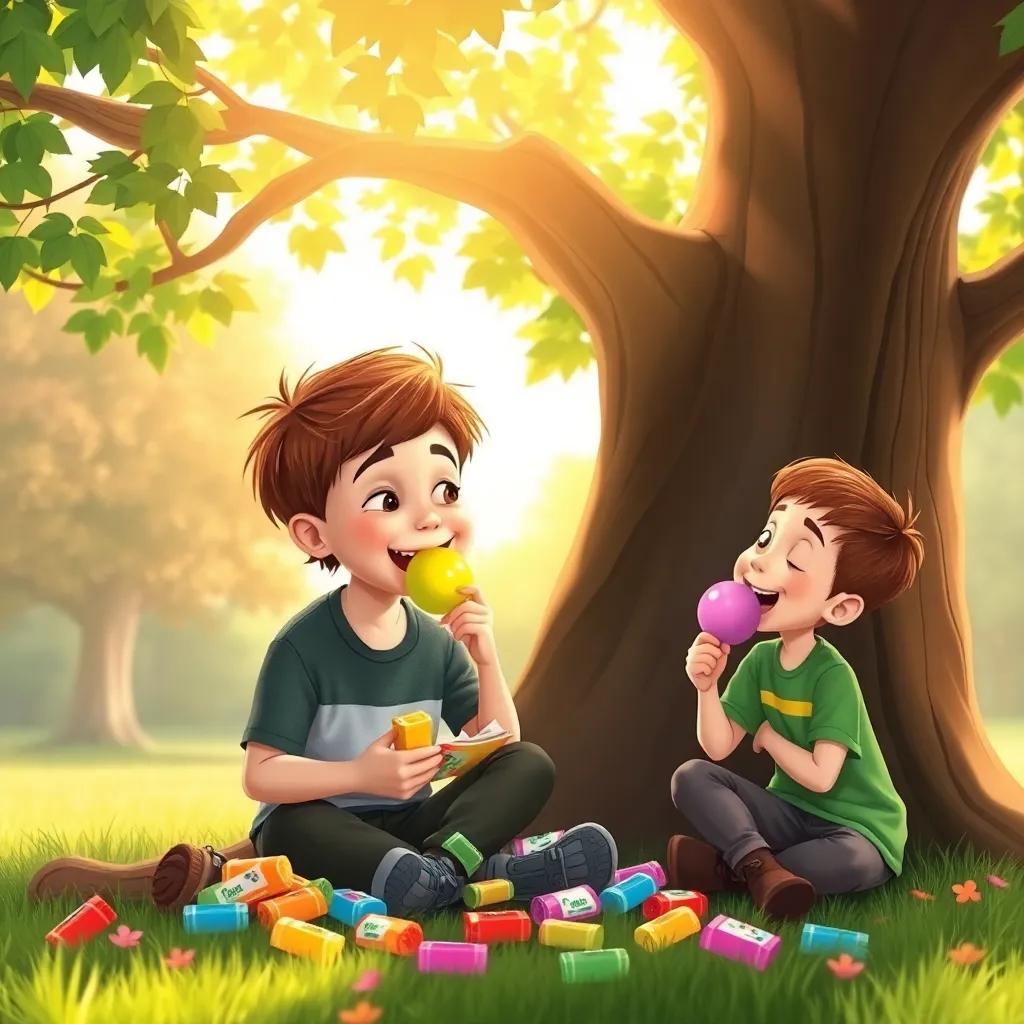 Tommy, a young boy with short brown hair, sharing colorful bubblegum with his friends Sarah and Jake, all laughing under the big tree, colorful packs of gum spread around them, warm sunlight shining through the leaves, delightful atmosphere, lively colors, illustration, whimsical