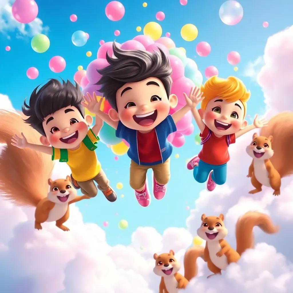 A colorful burst of magical bubblegum flying through the sky, with Tommy and his friends bouncing high, joyful expressions on their faces, surrounded by fluffy clouds and laughing squirrels, bright and inviting, fantasy art, cheerful