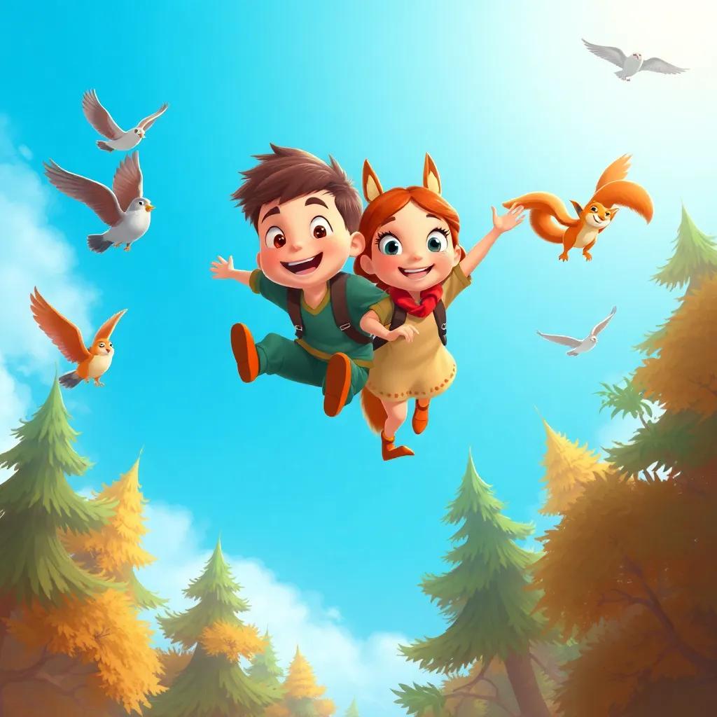 Tommy, Sarah, and the squirrels soaring high above the trees, with birds flying beside them, bright blue sky in the background, playful, whimsical colors, adventure-themed, heartwarming illustration, fantasy