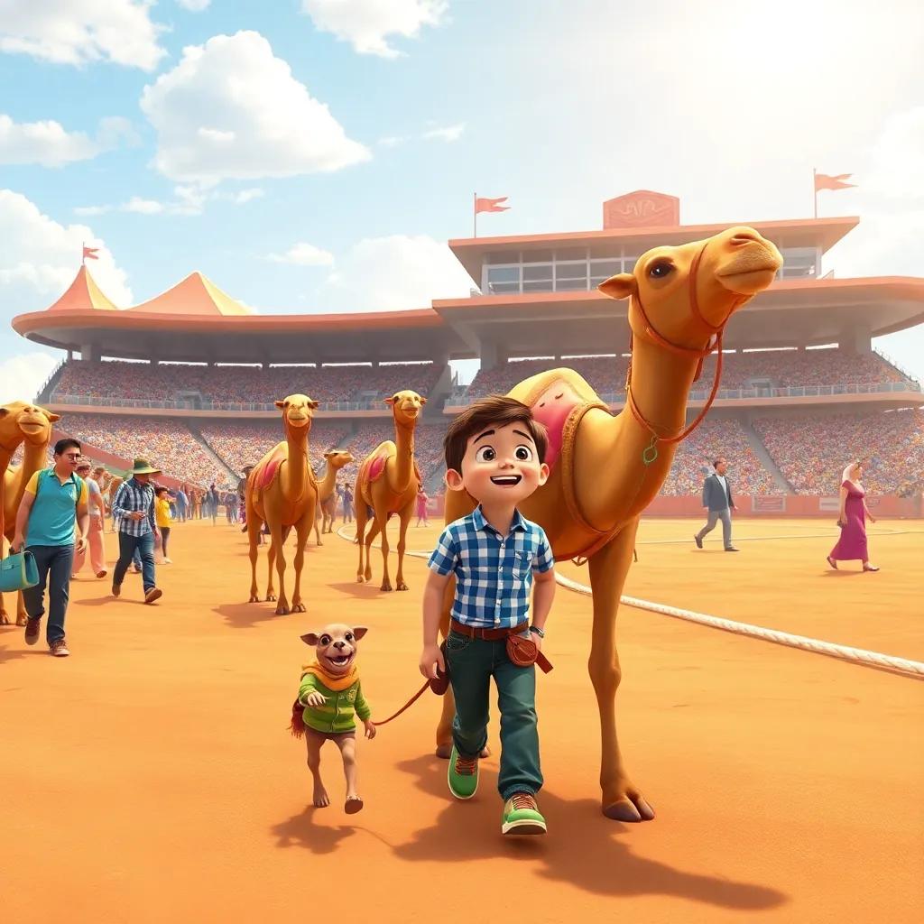 A sunny Camel Racing event with a young child and their father, excitedly walking towards the stadium, vibrant colors, cheerful atmosphere, digital art, family-friendly, storytelling view, high quality