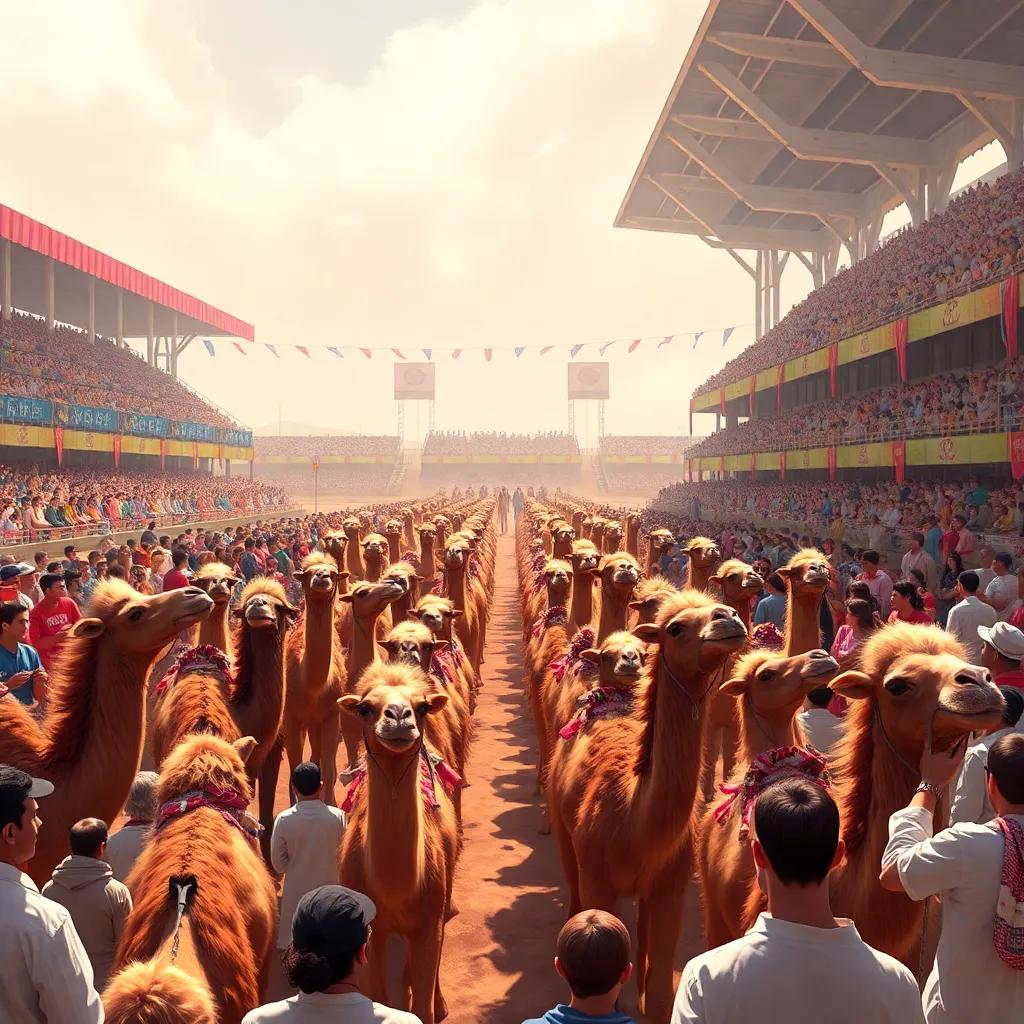 A crowd of spectators at the camel racing stadium, with brown camels lined up and fluffy-haired camels preparing to race, colorful banners and flags, digital painting, energetic and bustling mood, realistic art style, high quality