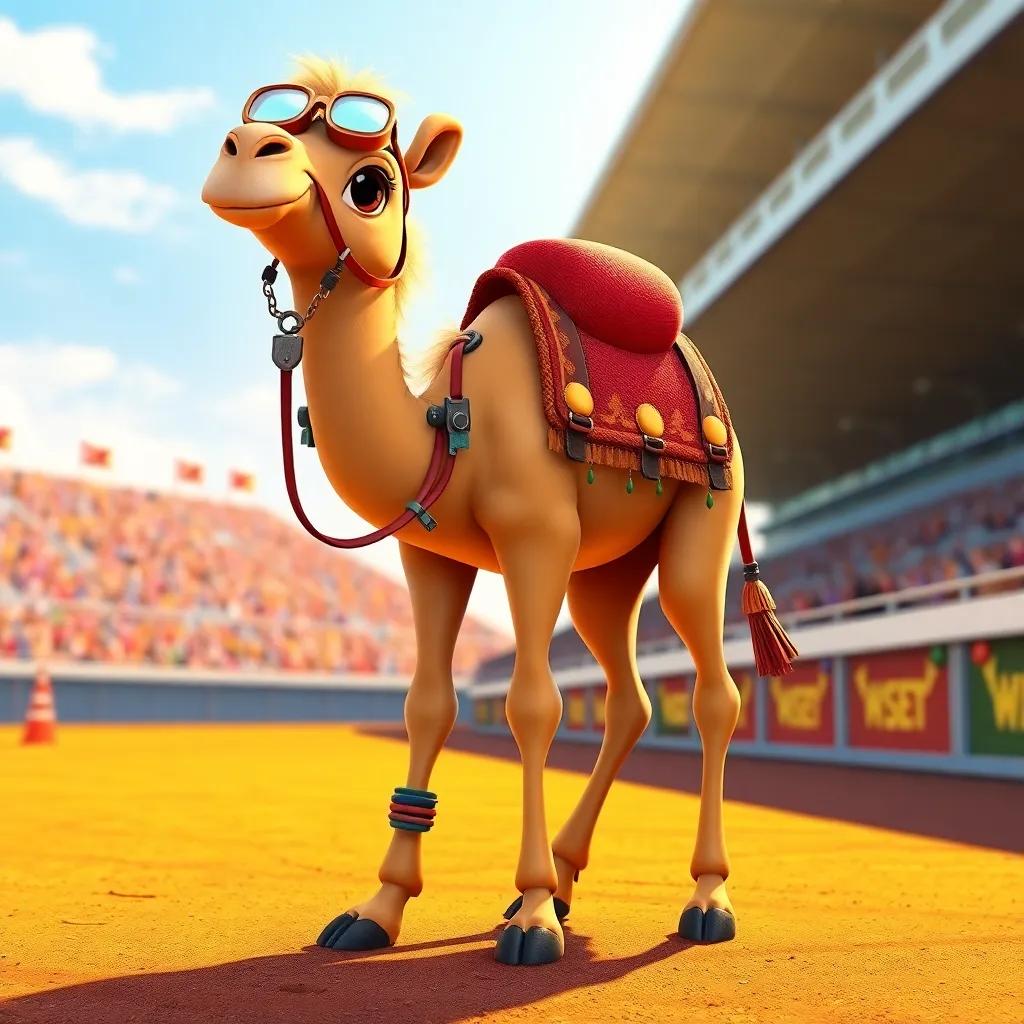 A cute camel with long legs and big eyes, standing confidently on the starting line, decorated with colorful gear, sunlight reflecting off its fur, illustration, warm and inviting colors, animal-friendly design, high quality
