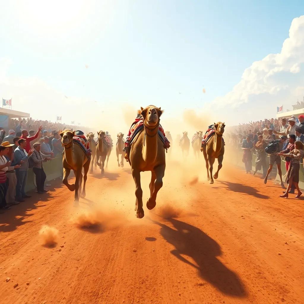A thrilling moment of camels racing, dust flying everywhere, a crowd cheering, the focus on a camel named Farha halfway down the track, digital art, exhilarating scene, vibrant atmosphere, high quality