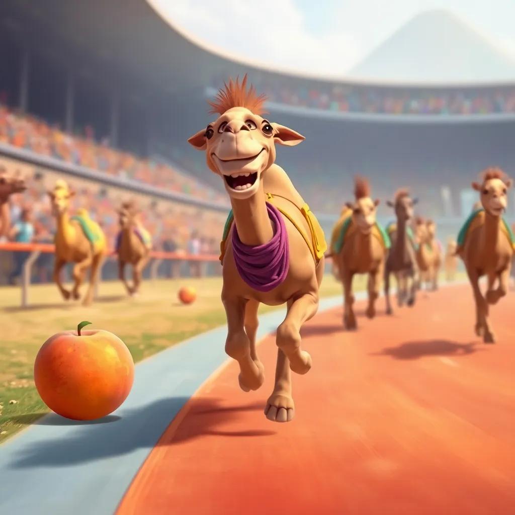 Farha, the camel, racing down the track with joyful determination after the peach, surrounded by blurred images of other racing camels, enthusiasm captured, colorful digital painting, heartwarming scene, high quality