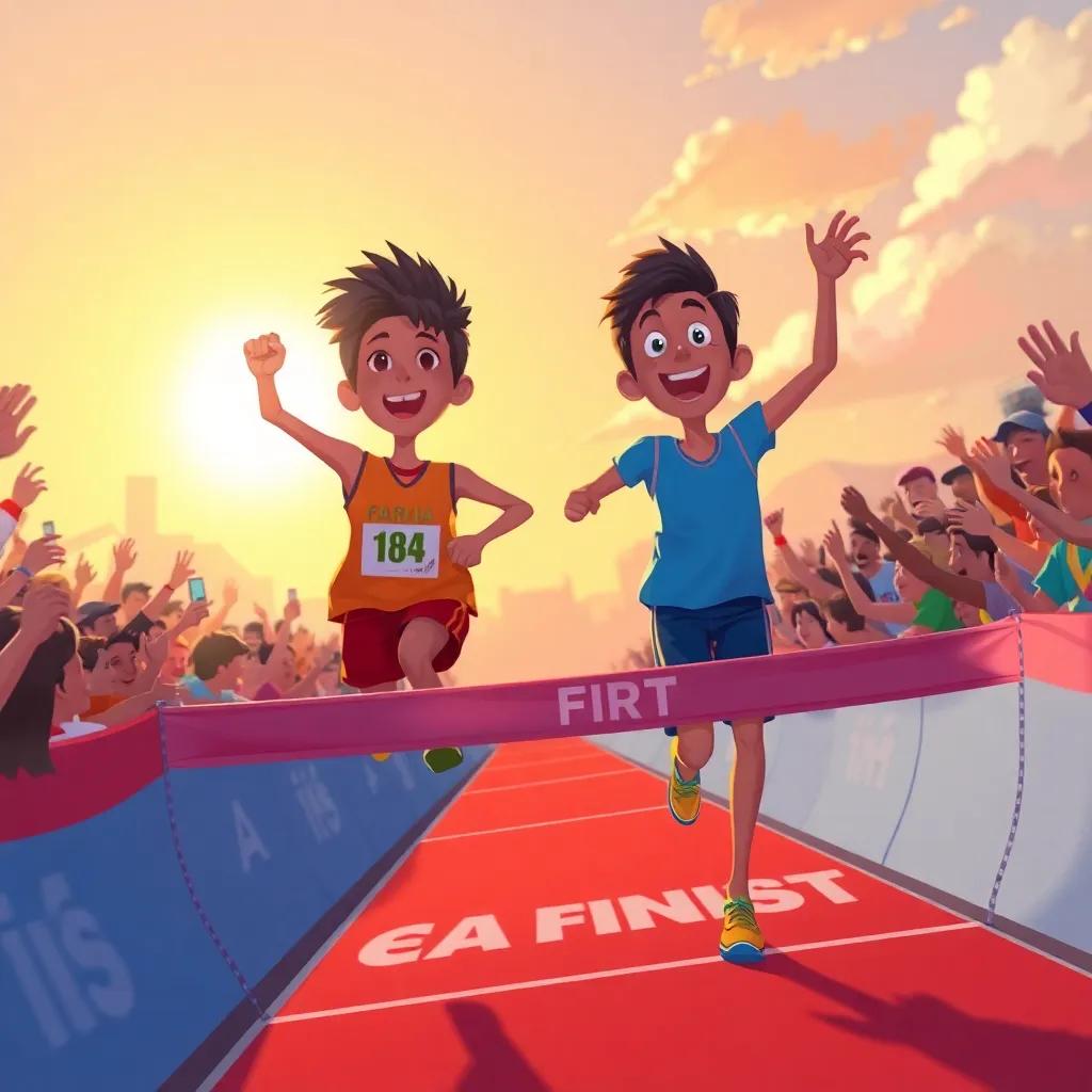 An exciting moment when Farha crosses the finish line first, the crowd erupting in cheer, the sun setting beautifully in the background, illustration, lively and joyful colors, victorious spirit, high quality