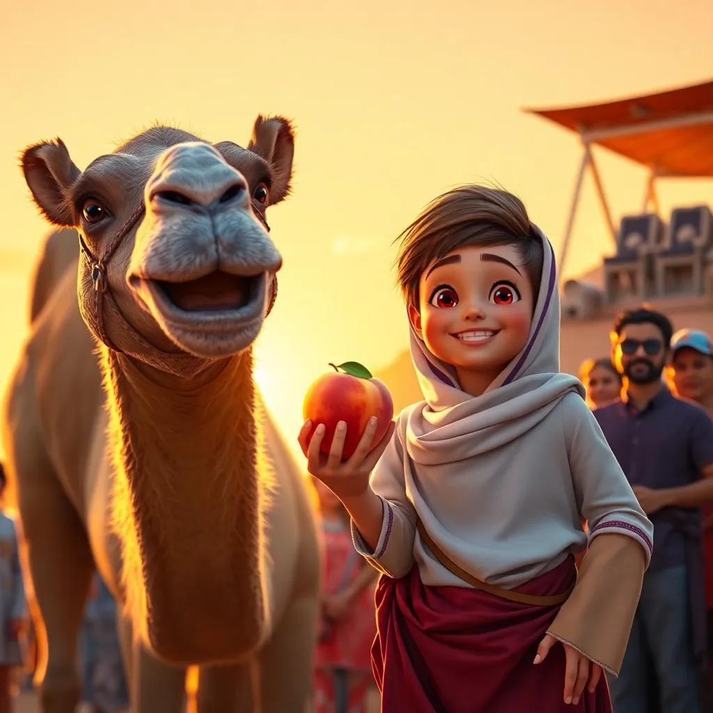 A young child holding the peach excitedly, standing next to Farha the camel, with other spectators around them, a proud moment captured in the sunset, warm lighting, celebration of victory, high quality