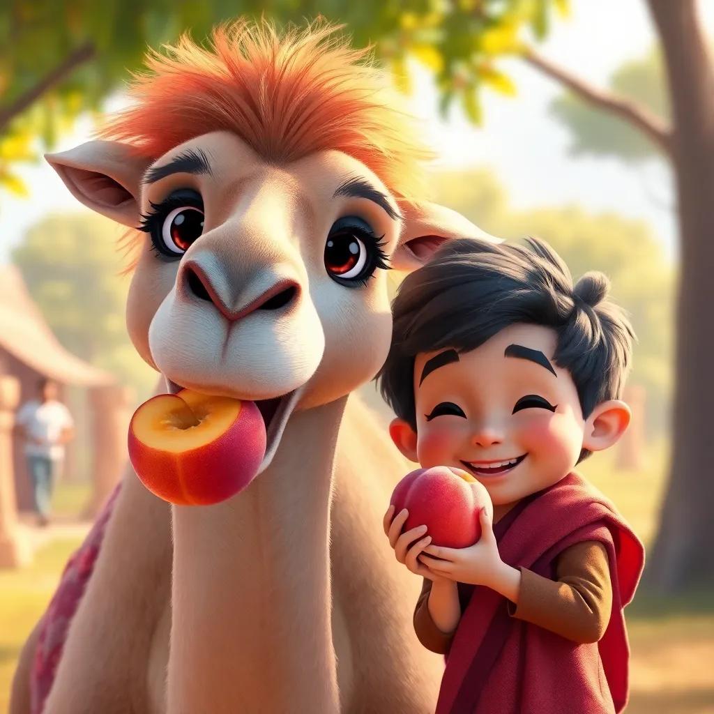Farha, the camel, munching on the Peach with a happy look, the child smiling beside her, both in a peaceful setting after the race, vibrant colors, heartwarming and friendly, digital art, high quality