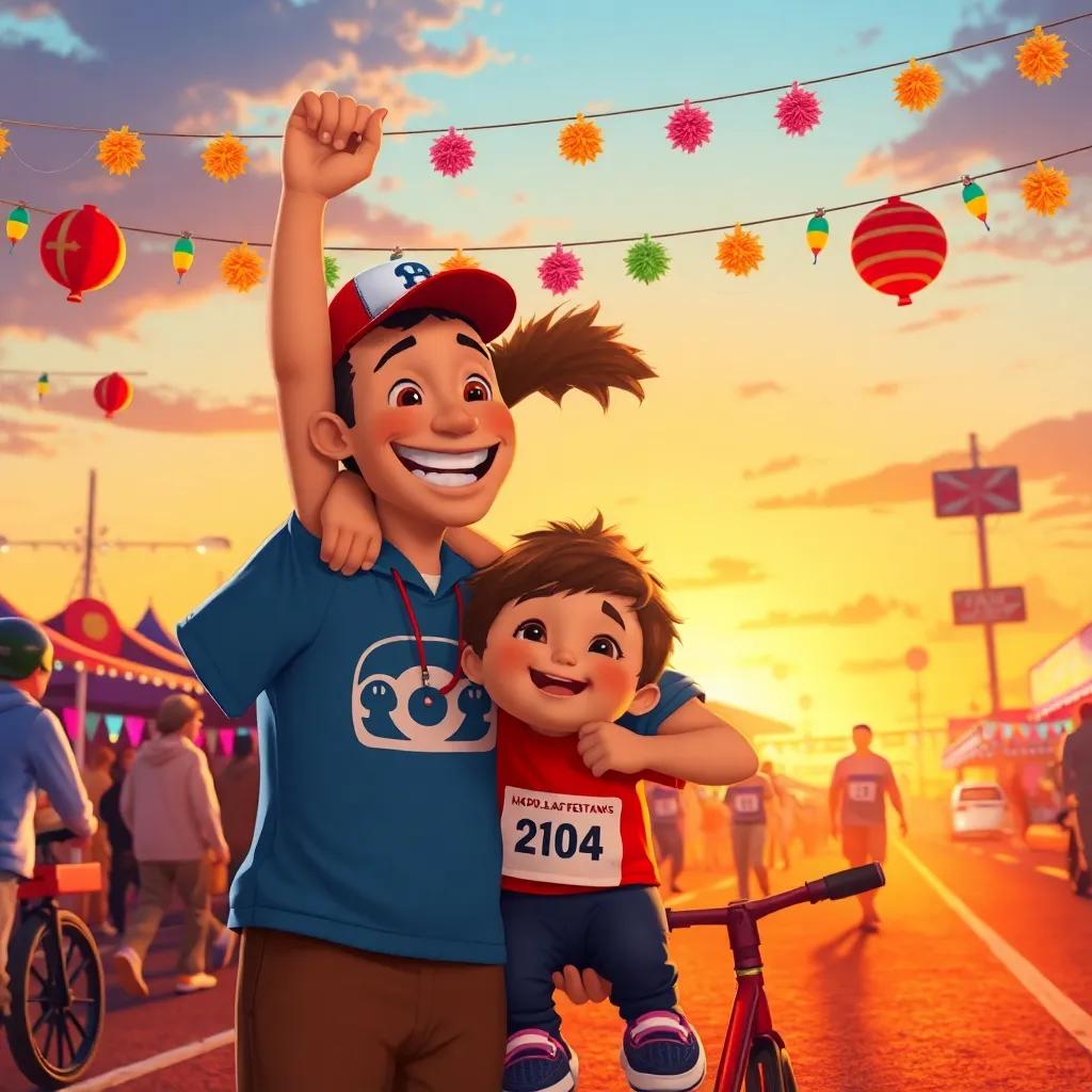 A heartwarming scene of the child and their dad celebrating after the race, surrounded by festive atmosphere, colorful decorations everywhere, family-oriented, joyful expressions, beautiful sunset, high quality
