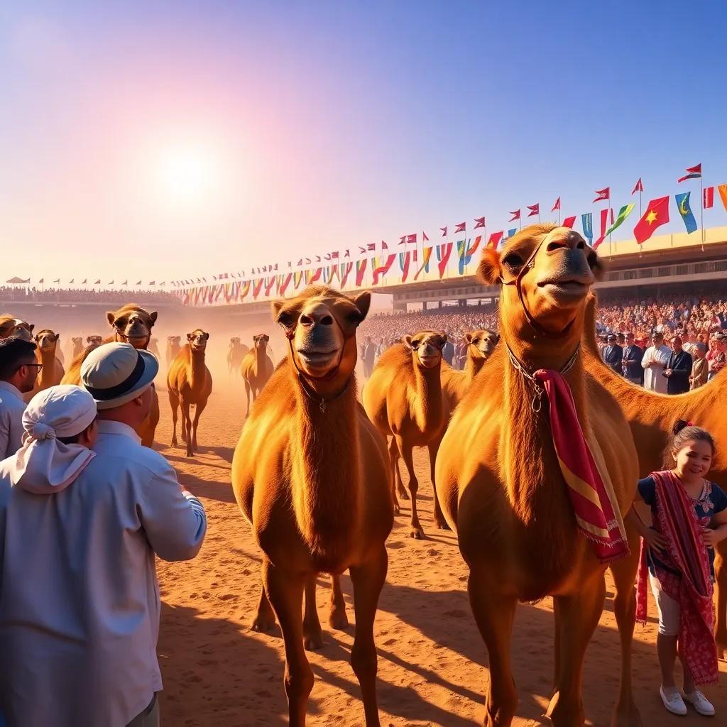 A sunny raceground filled with brown camels, excited families cheering, colorful banners waving in the background, digital art, vibrant colors, vivid atmosphere, high quality