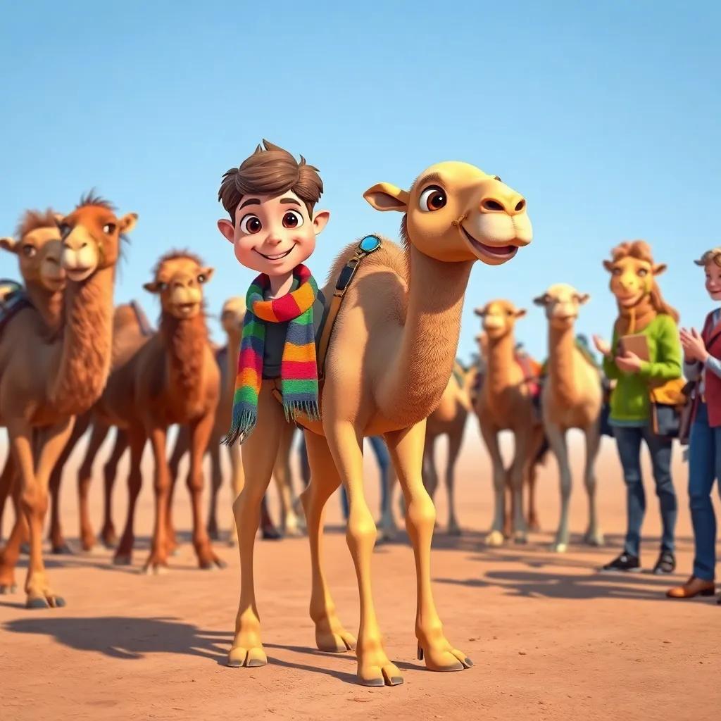 A cute camel with long legs and big eyes, playfully walking alongside its boy trainer, wearing a colorful scarf, surrounded by other camels chatting with trainers, cheerful and friendly scene, illustration, colorful, engaging