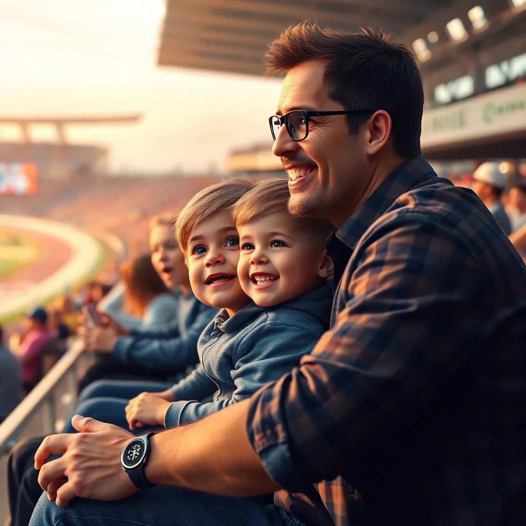 A father and child, sitting on a bench together, watching the race unfold, filled with excitement, the child with bright eyes and a big smile, digital painting, warm colors, close-up view