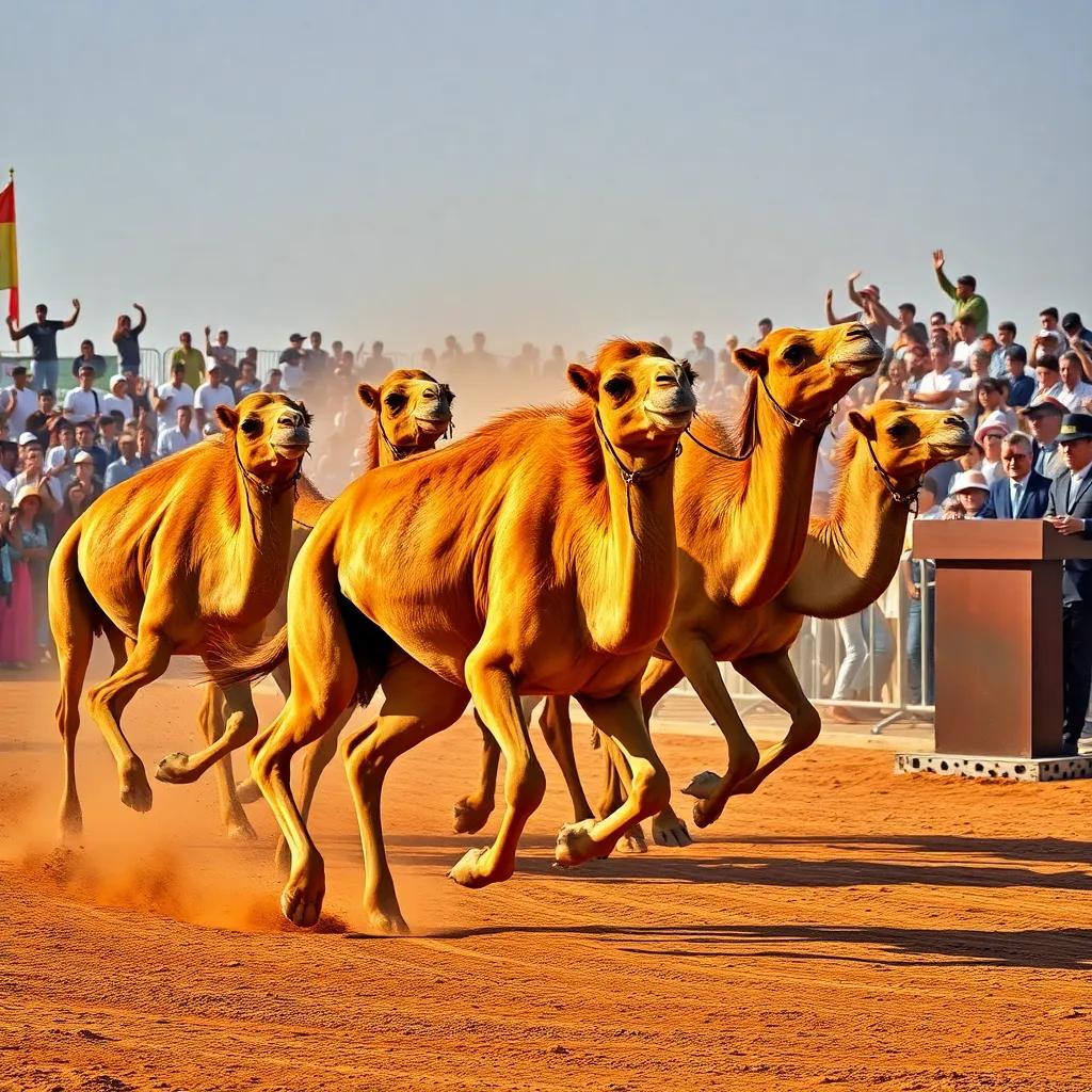 A camel race in action, camels sprinting past with dust flying in the air, the crowd cheering and jumping in excitement, the announcer at a podium, energetic scene, digital art, colorful, thrilling