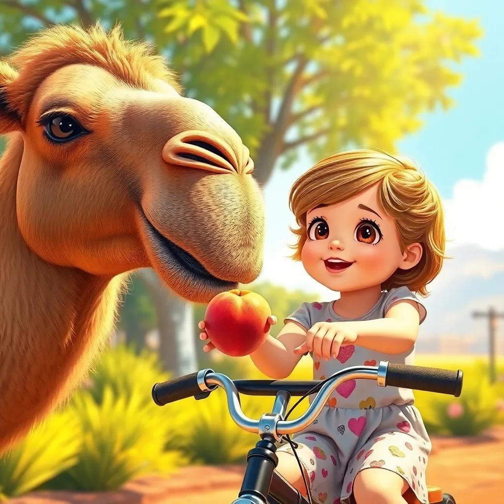 A child on a bike, holding out a peach to the camel, her big eyes eagerly looking at the fruit, vibrant sunshine illuminating the moment, colorful surroundings, illustration, joyous atmosphere