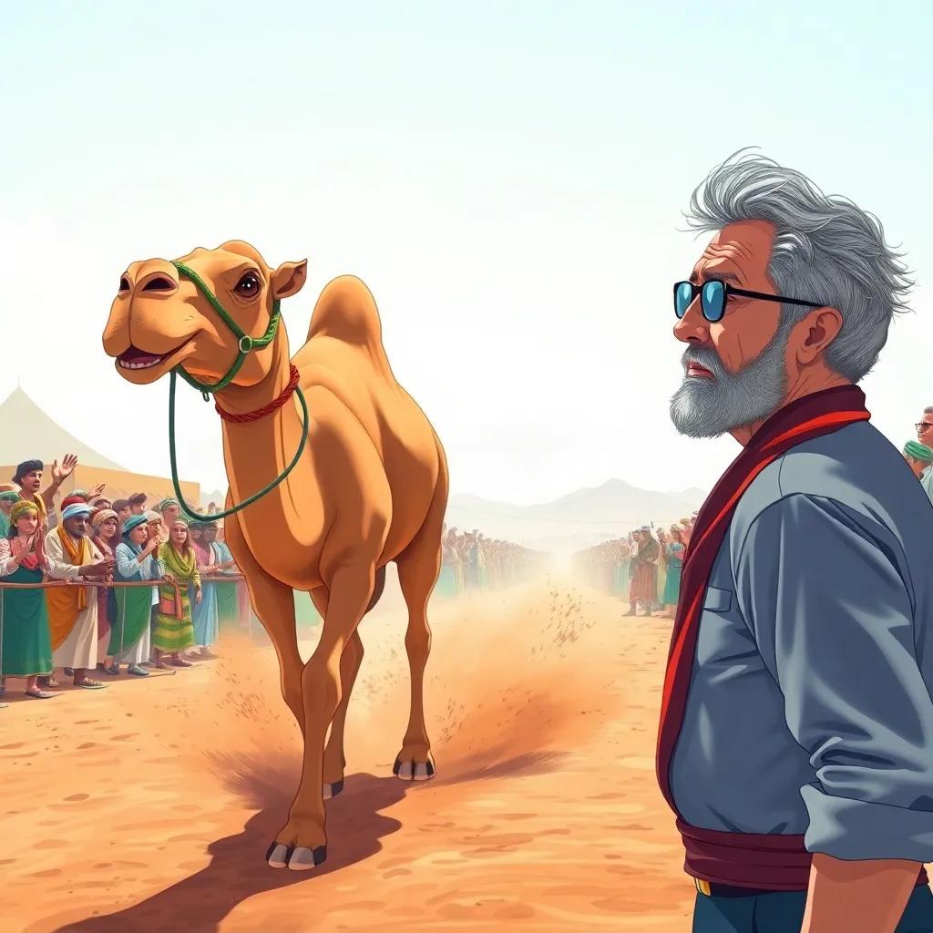 Quick transition showing a camel suddenly stopping in the middle of the race, the crowd gasping, the father looking worried, colorful, dynamic illustration, engaging view