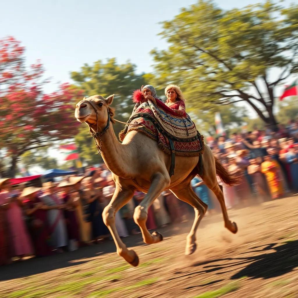 The camel, Farha, galloping after the peach, trees and a cheering crowd blurred in the background, sense of motion and excitement in the air, digital art, vivid colors, high energy