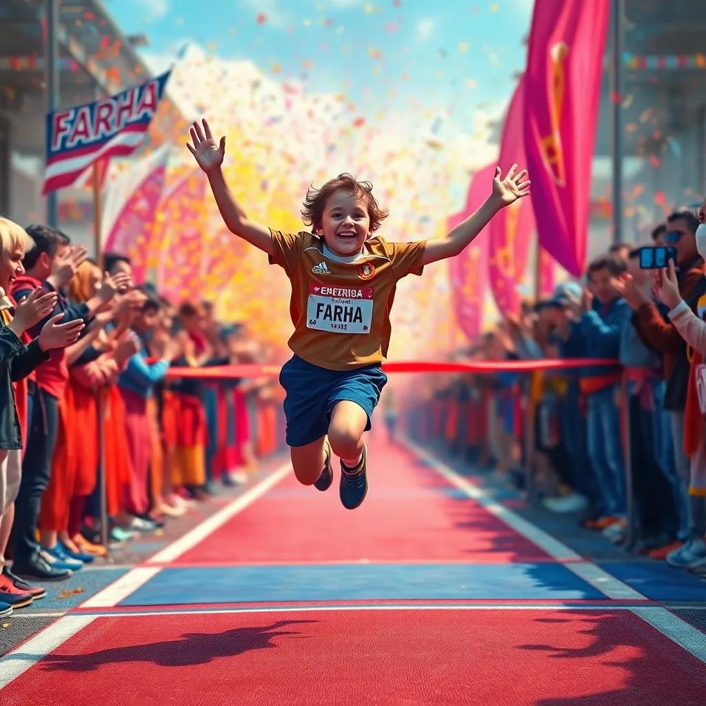 Farha crossing the finish line with a big leap, the crowd erupting in applause, the child cheering with joy, visual explosion of colors, digital painting, celebratory atmosphere