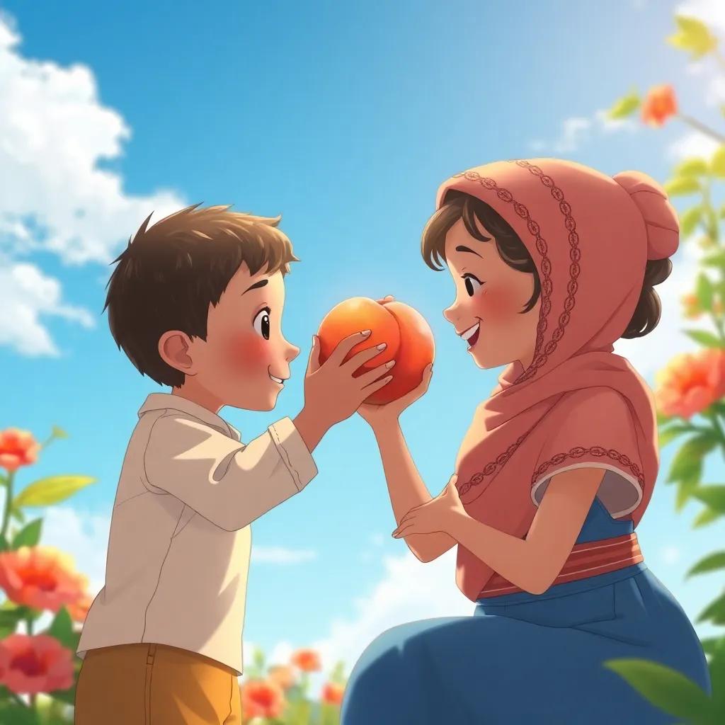 The child giving Farha the peach, a serene moment full of happiness and friendship, under a bright blue sky, warm colors, heartwarming scene, illustration, charming view