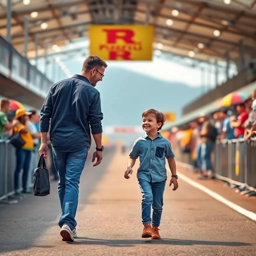 The child and Dad walking away from the raceground, talking animatedly with bright smiles, surrounded by the joyful atmosphere of the race, colorful, detailed digital art, warm farewell