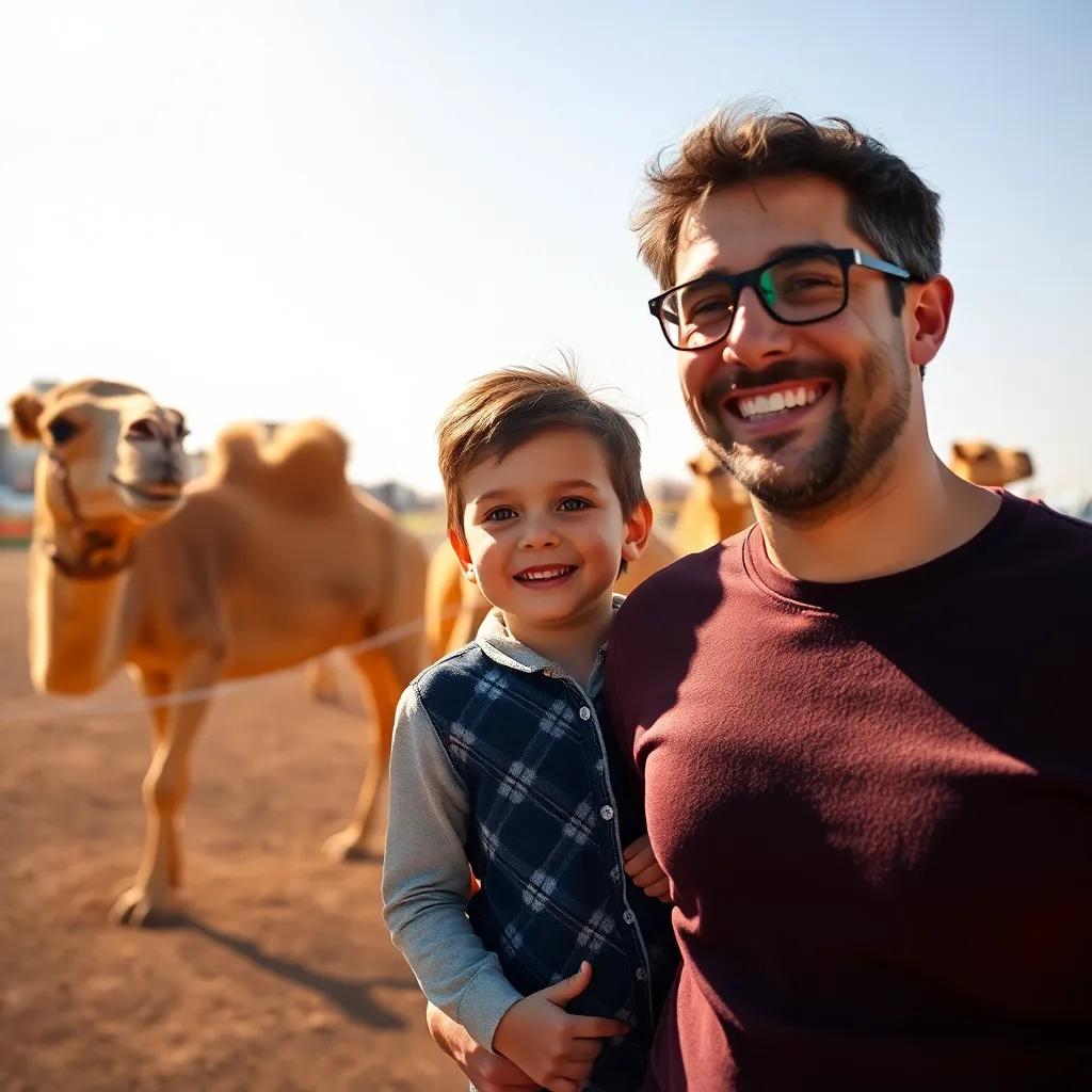 A bright sunny day at the camel racing track, a young child and their father, looking excited, with tan camels lined up in the background, digital art, cheerful, vibrant colors, energetic atmosphere, high quality