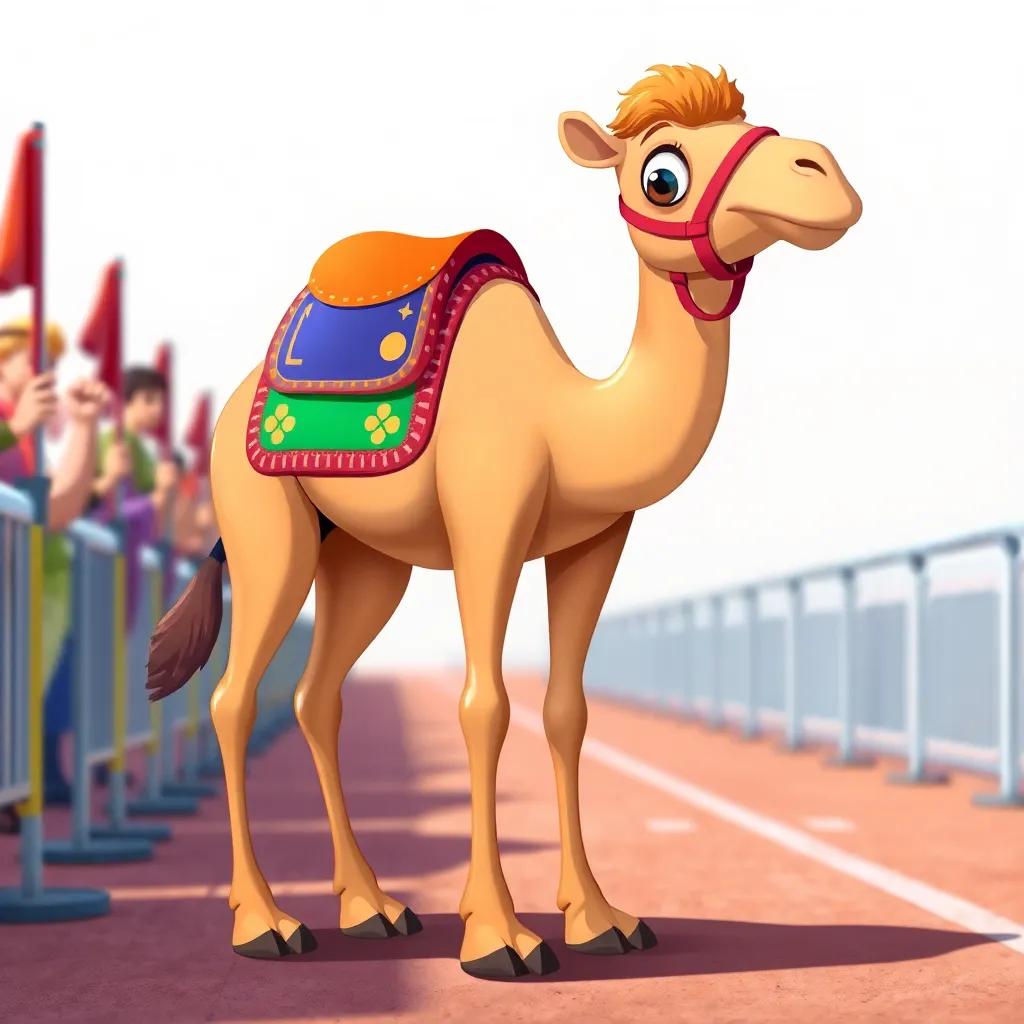 A charming camel named Farha, with long legs and big eyes, standing proudly at the starting line, wearing a colorful racing saddle, detailed illustration, lively, eye-catching, bright colors, high quality