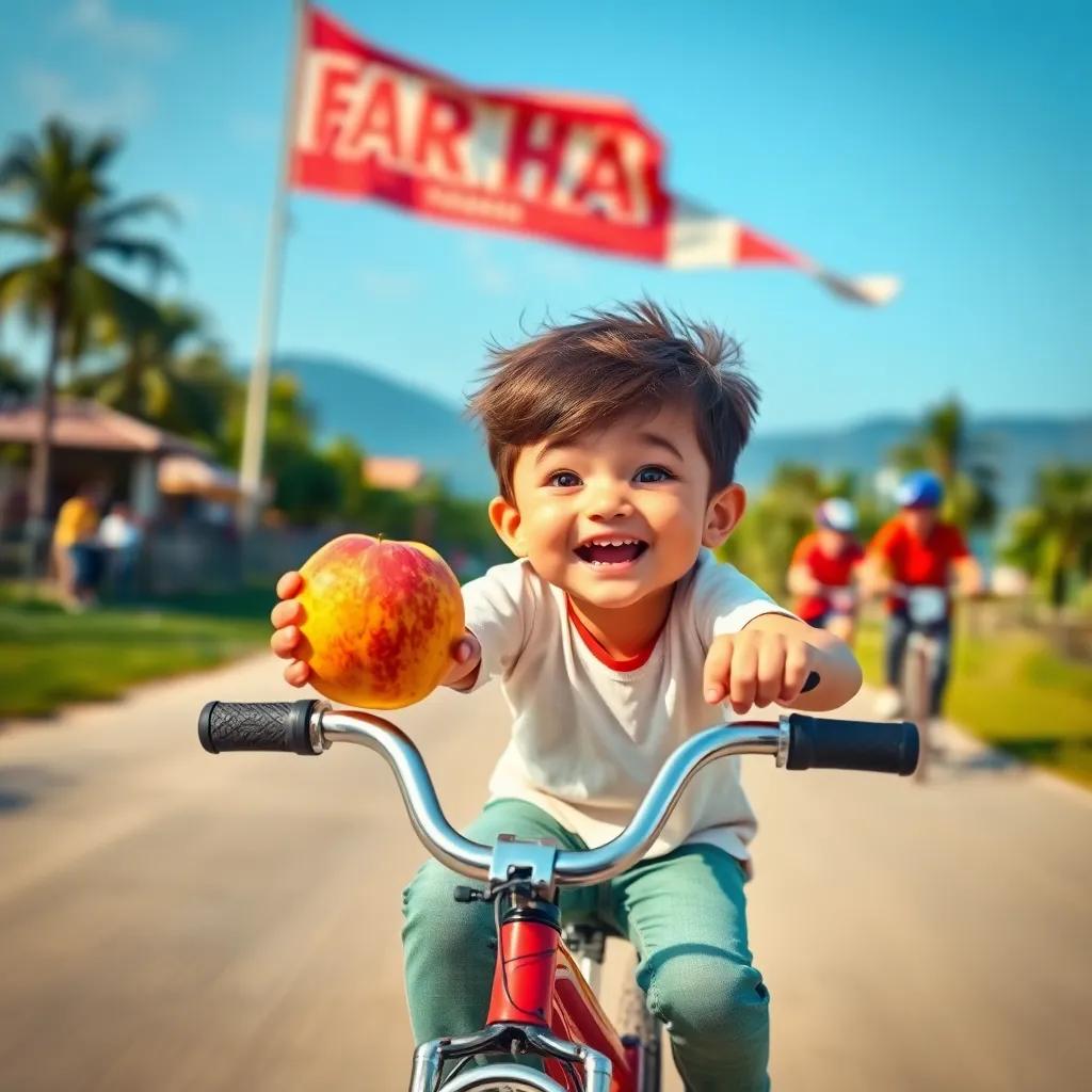 A young child riding a bike, holding a juicy peach, racing towards Farha, who has just stopped in the race, showing determination and excitement, cheerful, engaging scene, bright colors, high quality