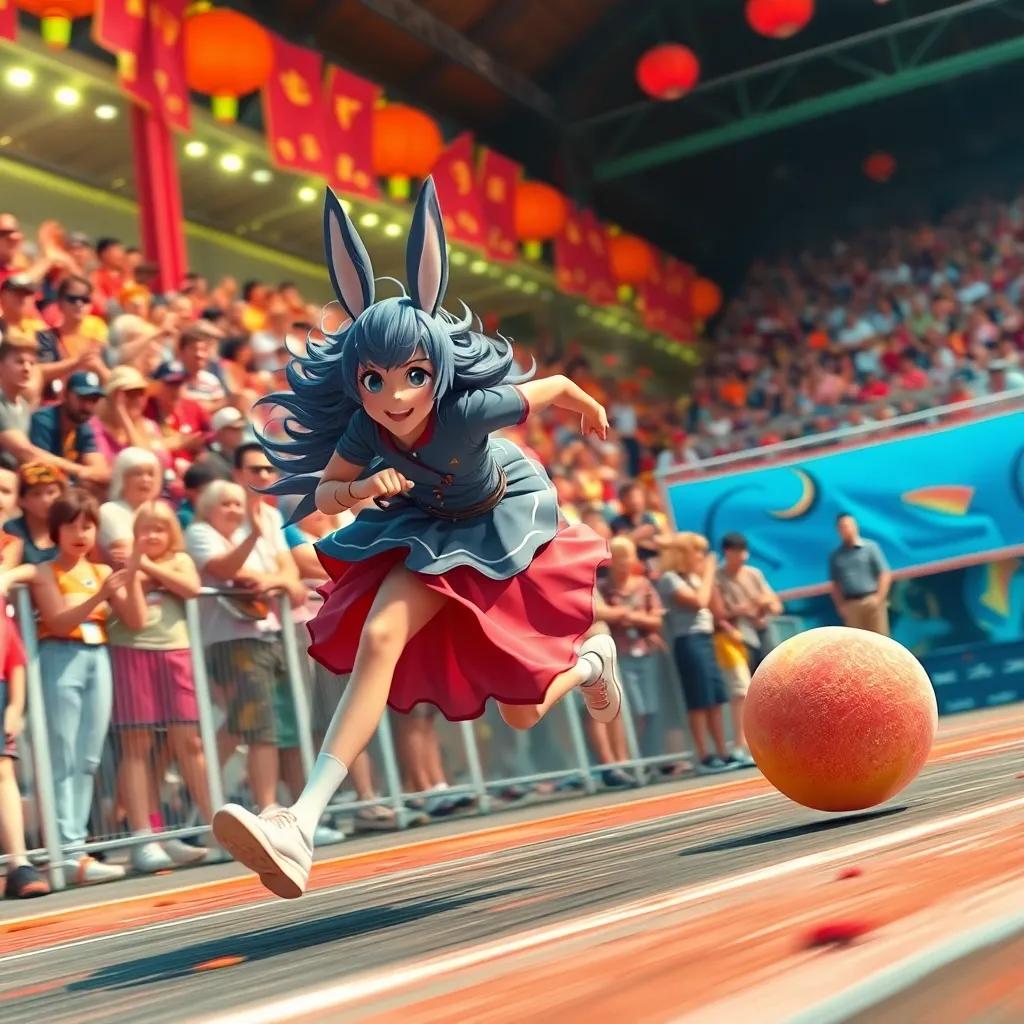 Farha sprinting at full speed, chasing after the peach, with a crowd of spectators cheering in the background, action-packed, colorful, vivid imagery, high quality